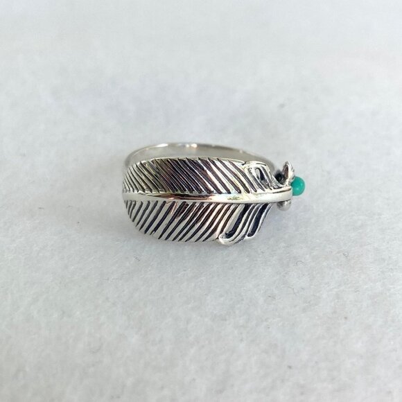 Sterling Silver 925 Dainty Round Turquoise Cabochon Feather Band Ring Size 5.5 - Picture 12 of 16